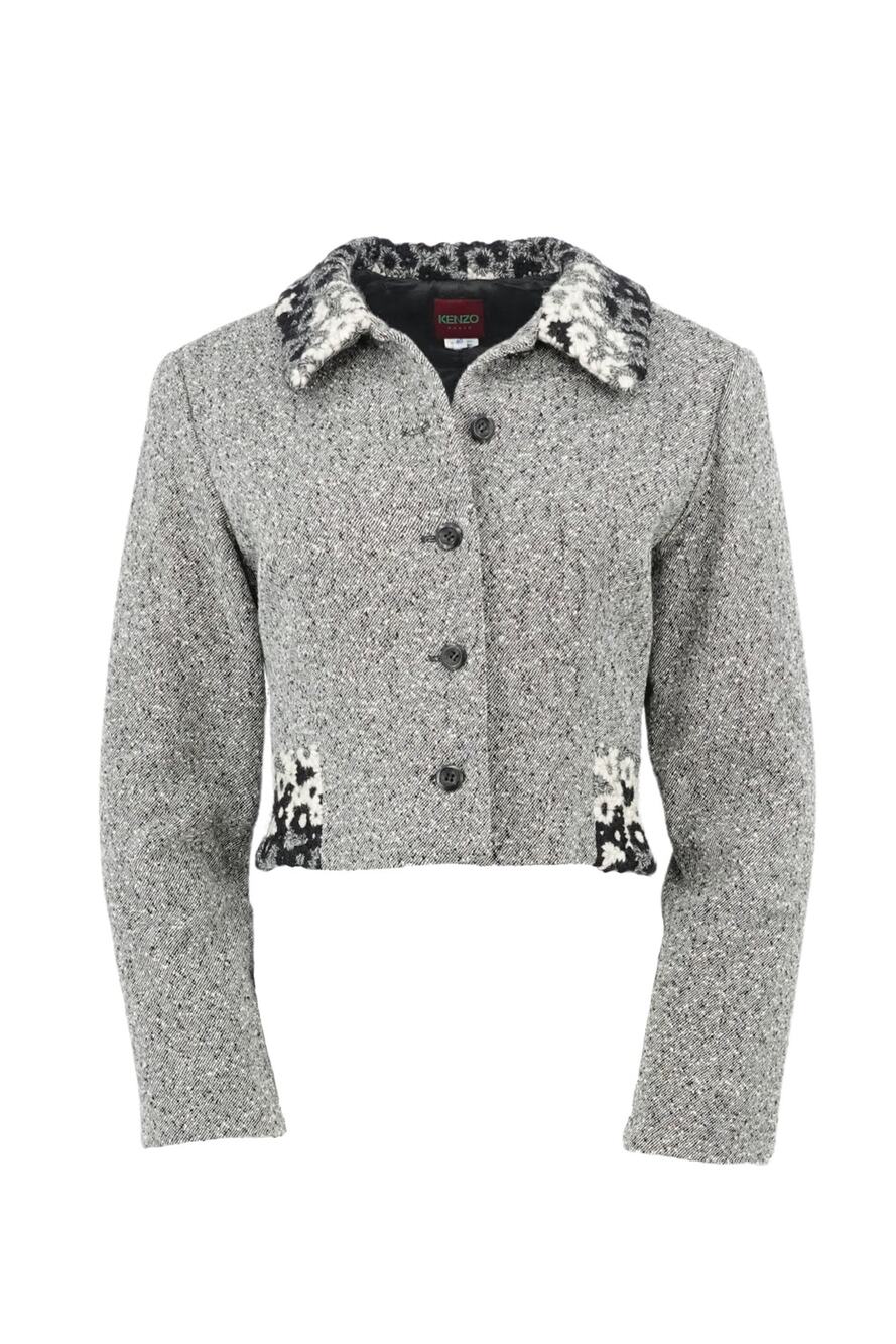 Kenzo Paris Gray Tweed Cropped Blazer with Floral Trim